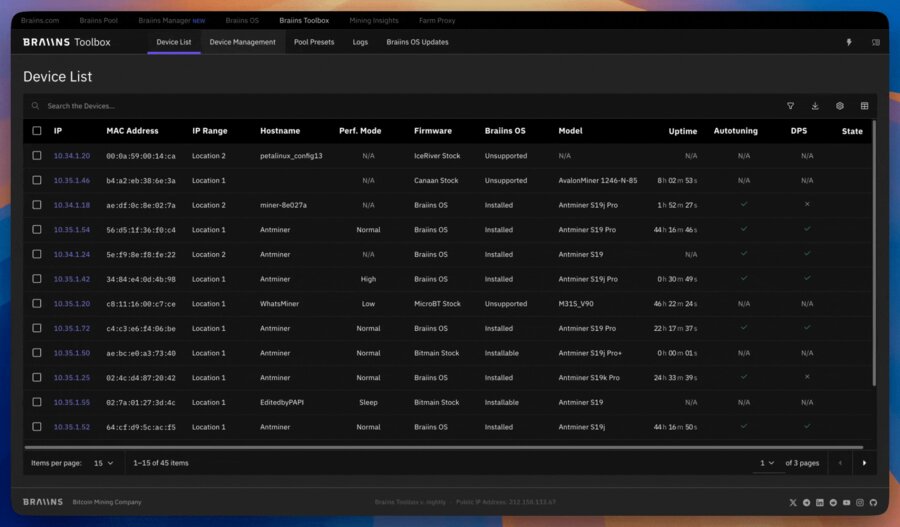 Braiins OS Toolbox main interface showing device list