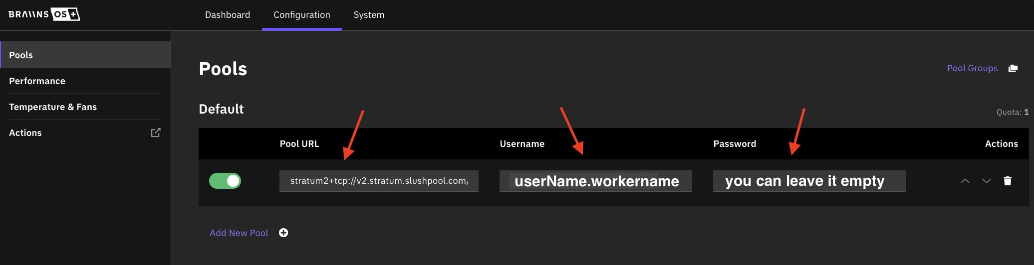 Braiins OS pool configuration settings page