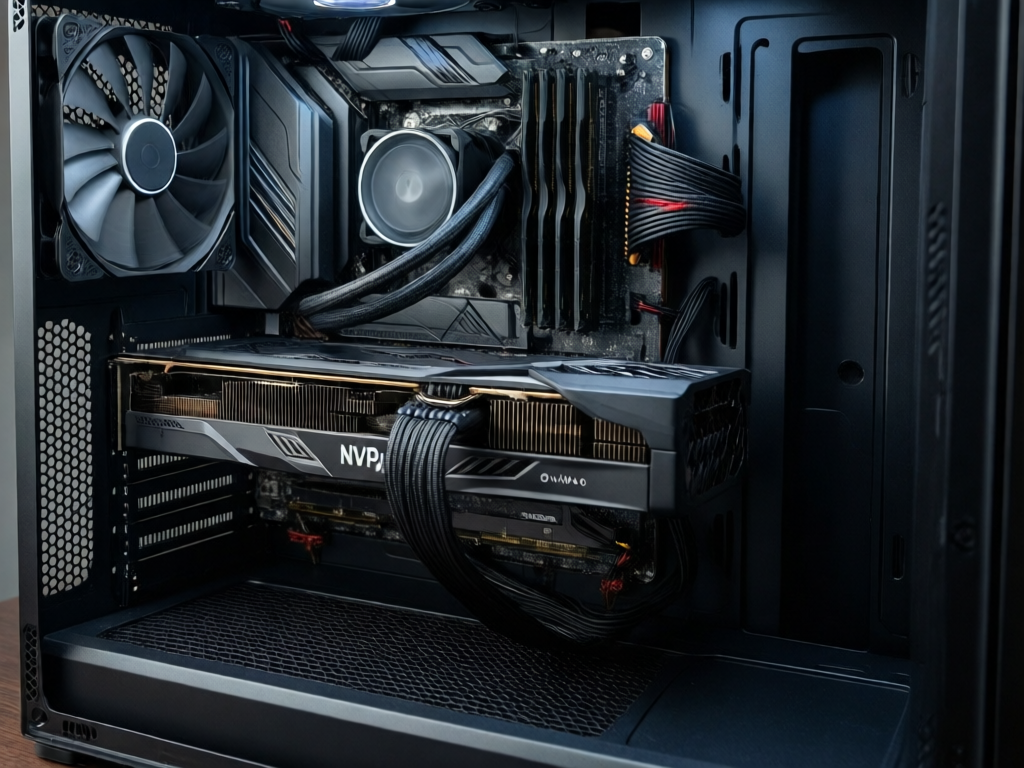 AI workstation interiör med GPU, RAM, lagring och kylkomponenter