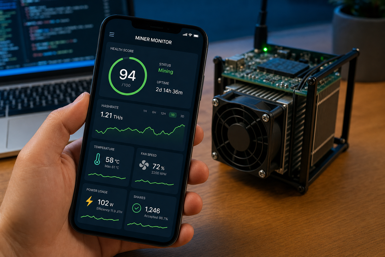 Kratos mining monitor app dashboard showing health score, hashrate, temperature and power stats next to a BitAxe-style ASIC miner